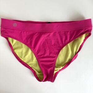ATHLETA Bikini Bottom Pink Yellow L Swim Brief Full Coverage Drawstring Sporty